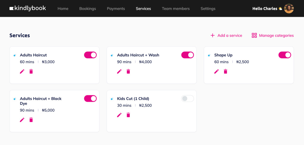 Kindlybook feature – Manage services
